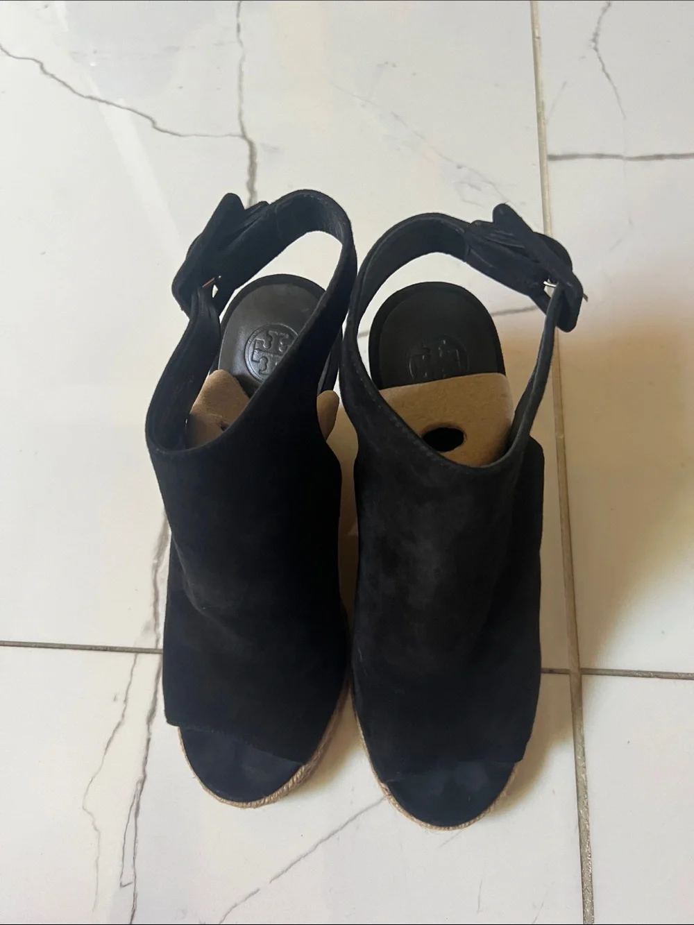Tory Burch Black Suede Peep-Toe Espadrille Wedge Sandals